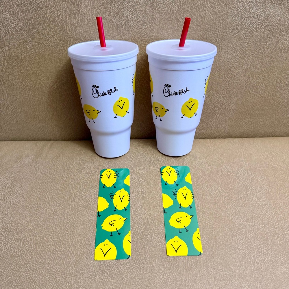Chick-fil-A Lemon Chicks Cup Set of 2 White Plastic Tumblers with Lids & Straws